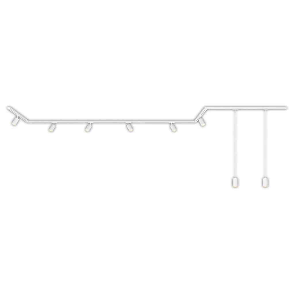 HV Track Schienensystem. Komplettset. 6x GU10 Spots. 2x GU10 Pendel. Schwenkbar. 3 Eckverbinder. Weiß. 5.25 m 0