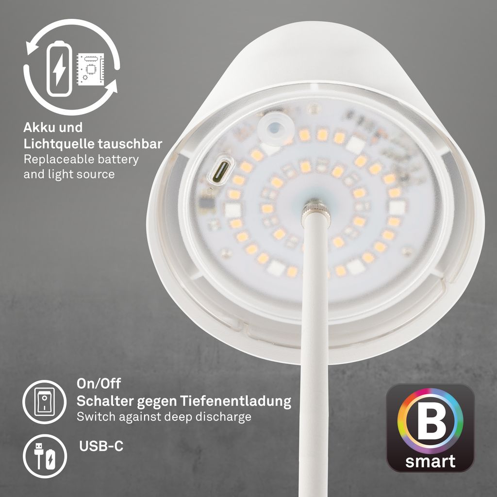 LED Akku-Tischlampe 36cm - kabellos. Smart. Dimmbar. 300 Lumen. 3.5W. 2700K warmweiß. weiß 7