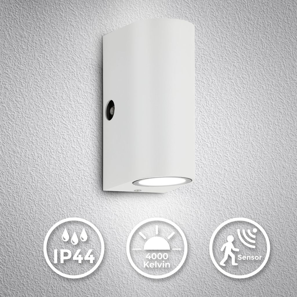 LED Außenwandleuchte mit Dämmerungssensor - 15x6.5x9cm - Wandlampe Außen Up- & Down 2-flammig GU10 5W IP44  400lm 4000K neutralweiße Lichtfarbe I weiß matt 1