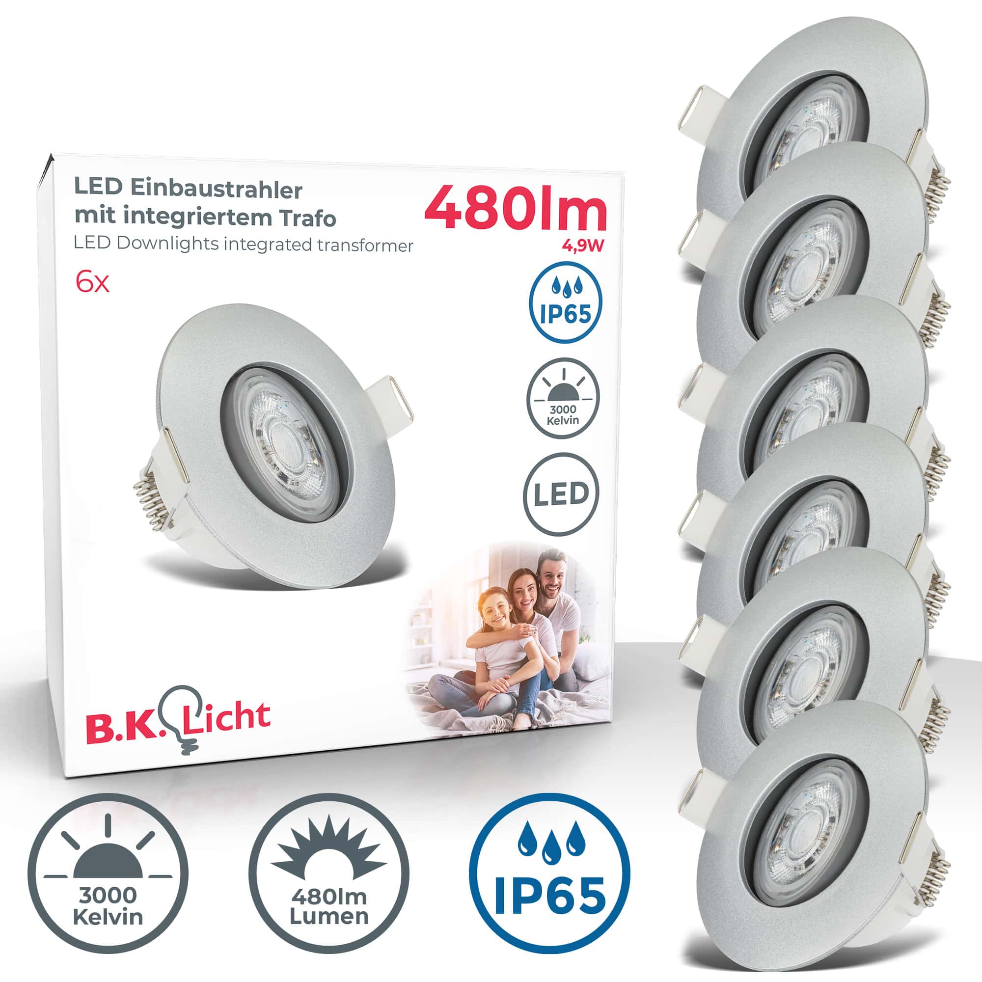 LED Einbaustrahler wasserfest Ø90mm - 6er SET - LED Einbauleuchten schwenkbar Badezimmer IP65 230V 5W 480lm warmweiße Lichtfarbe | Chrom-matt - 1