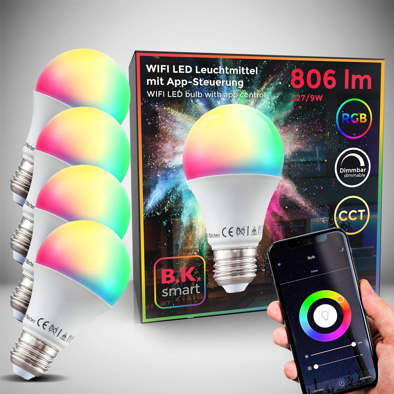 WiFi LED Leuchtmittel RGB + CCT E27 9W | 4er Set - 1