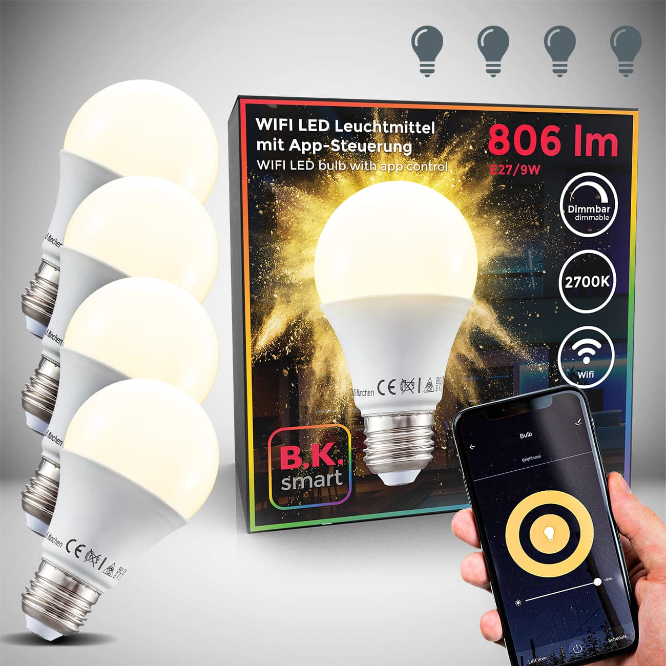 Smartes LED Leuchtmittel E27 dimmbar - 4er Set - Energiespar-Lampe  112x60mm WIFI IOS und Android Tropfenform 9W 806lm 2.700K warmweißes Licht | weiß - 1