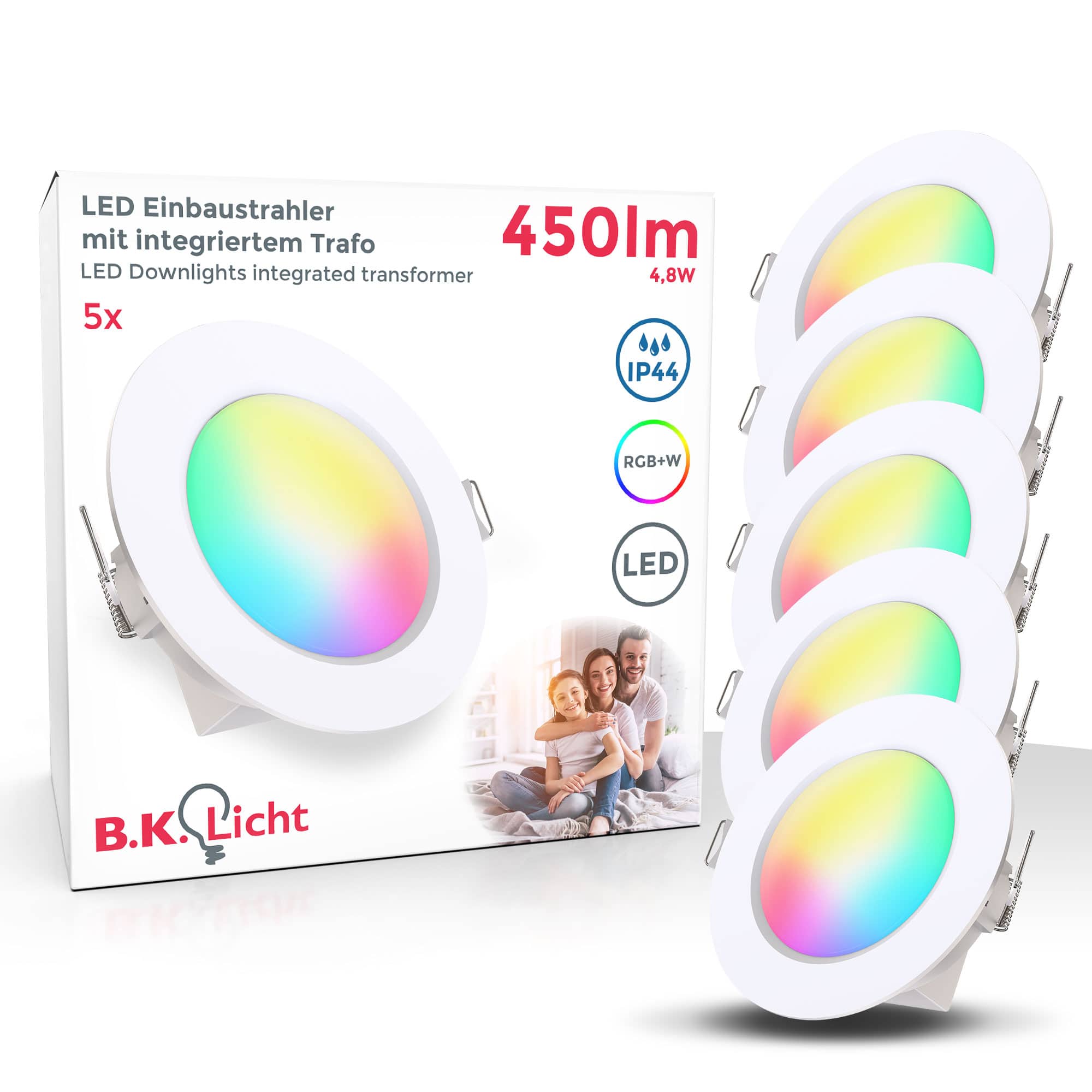 RGBW-LED Einbaustrahler Ø92mm Bad - 5er SET - IP44 230V 4,8W 450lm inkl. Fernbedienung | Weiß - 1