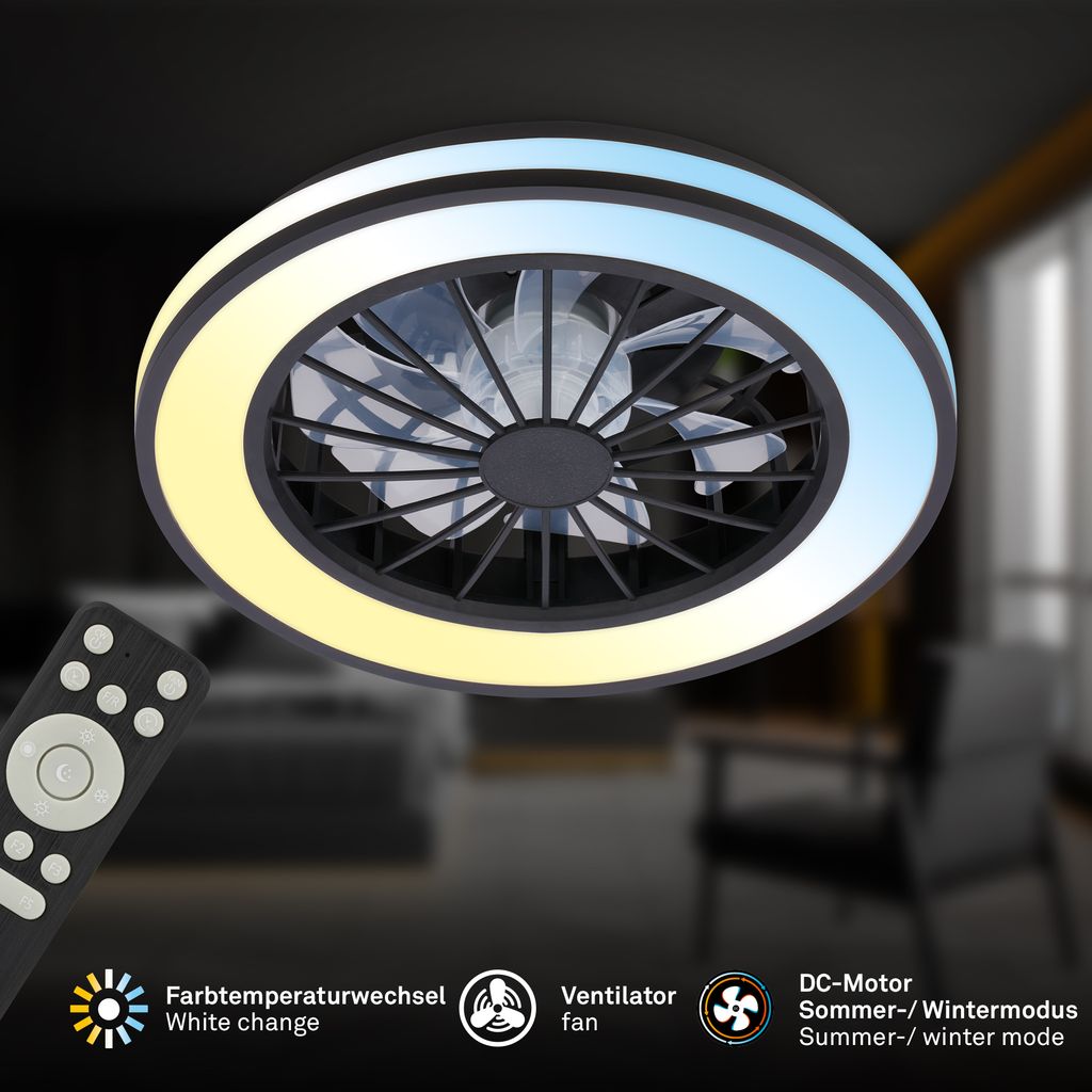 Briloner Deckenventilator mit Licht Fernbedienung Ø38cm Rund 24W 2600lm 3000K-6500K Warmweiß bis Tageslichtweiß DC-Motor Schwarz - Deckenleuchte Schlafzimmer Wohnzimmer 1