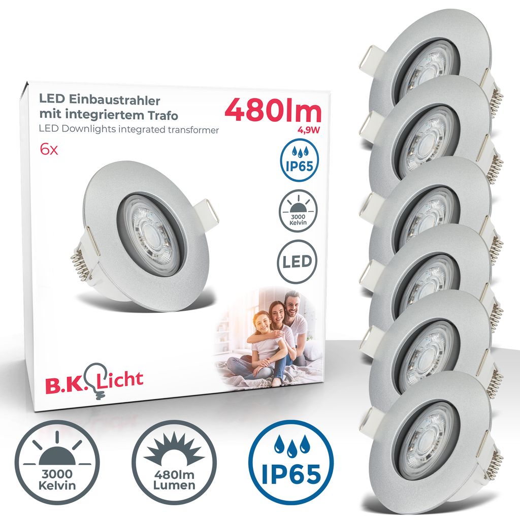 Einbaustrahler 68mm 6er Set - 230V. 4.9W. 480lm. LED. IP65. warmweiß. silberfarbig 11