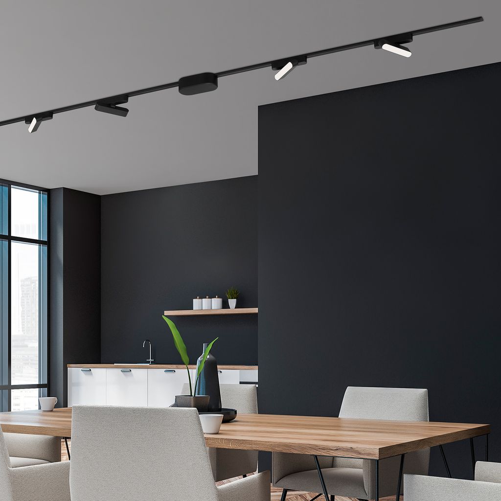 NV Track Schienensystem. Komplettset. 4x LED Tracklight. Schwenkbar. Einspeisung. Schwarz. 2 m 4