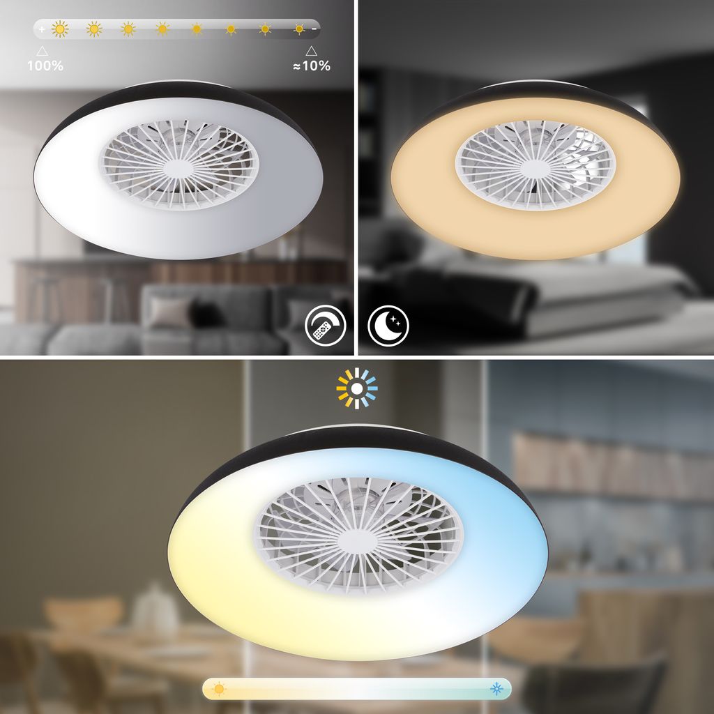 Briloner Deckenventilator mit Licht Fernbedienung Ø60cm Rund 36.5W 3900lm 3000K-6500K Warmweiß bis Tageslichtweiß DC-Motor Schwarz - Deckenleuchte Schlafzimmer Wohnzimmer 3