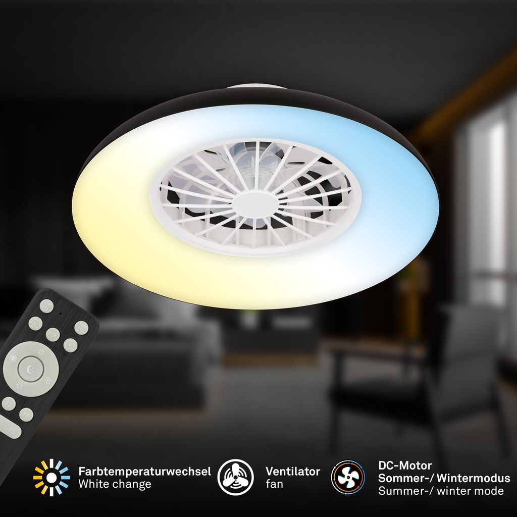 Briloner Deckenventilator mit Licht Fernbedienung Ø48.5cm Rund 24W 2600lm 3000K-6500K Warmweiß bis Tageslichtweiß DC-Motor Schwarz - Deckenleuchte Schlafzimmer Wohnzimmer 1